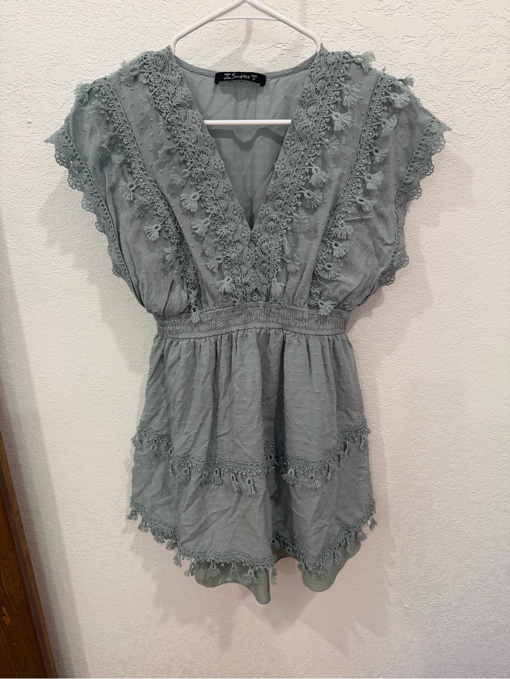Sage Green Crochet-Trim Mini Dress
